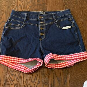 Judy Blue Dark Blue Jean Shorts with Red Checkered Trim